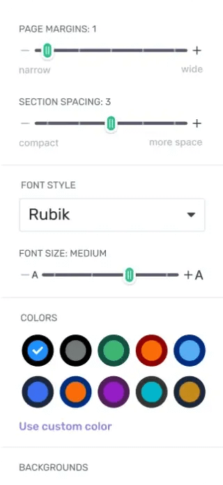 Resume customization panel showing font, color, and spacing options