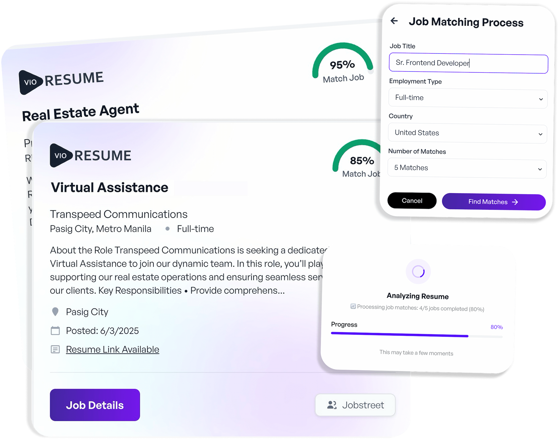 Job Matching Interface showing VIO Resume platform with job listings and matching percentages