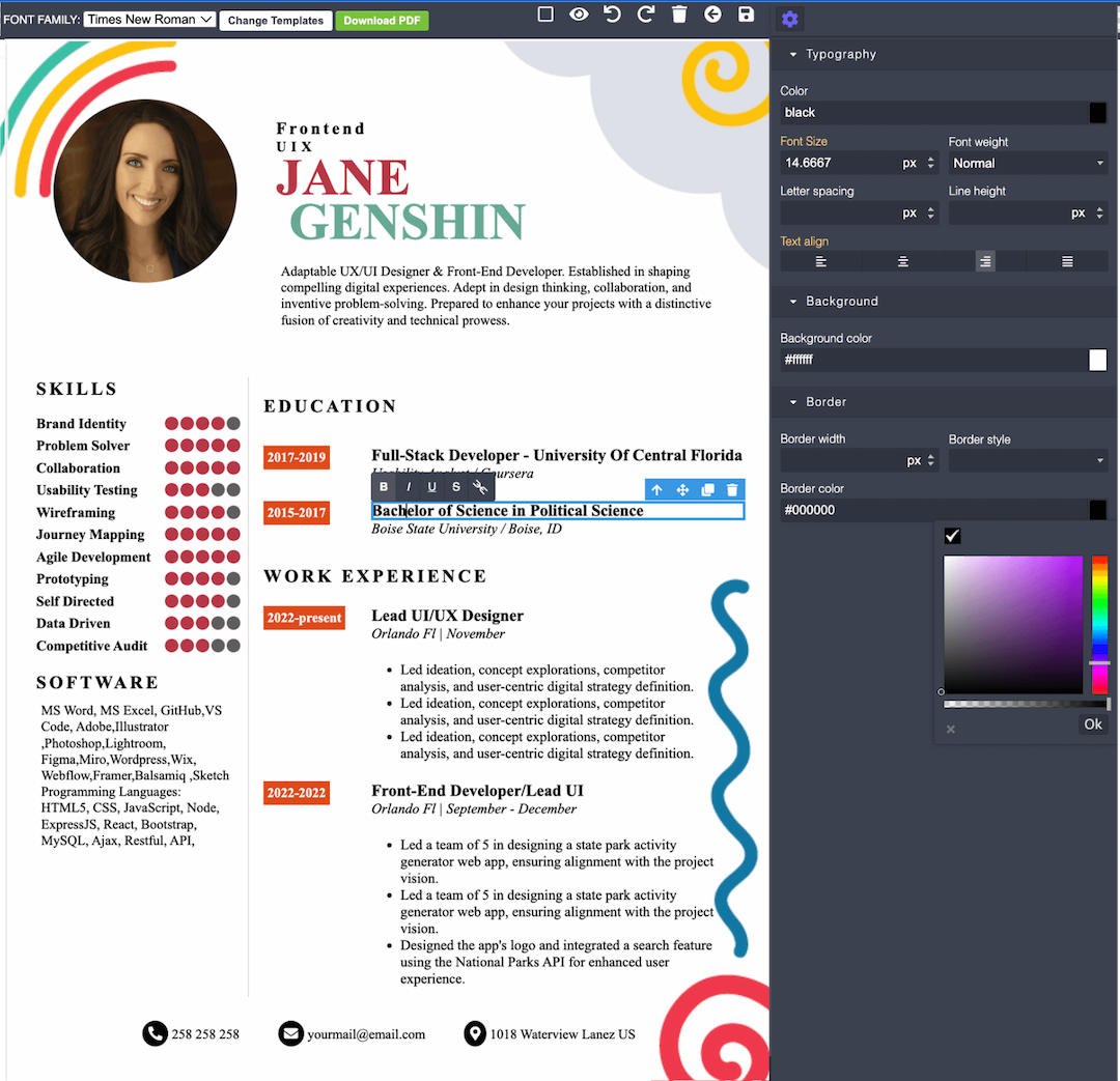 Resume builder interface showing live editing with typography controls and real-time preview