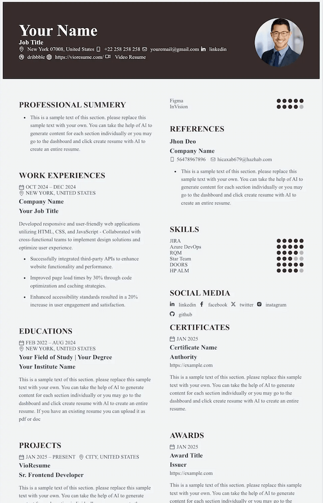 Professional resume template with dark header and organized sections